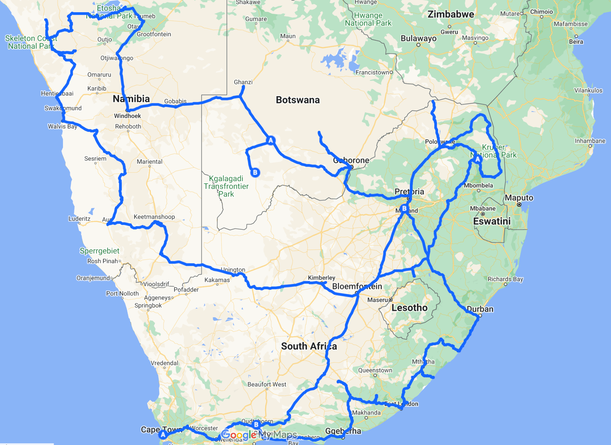 A map of our 7-month drive route through Southern Africa